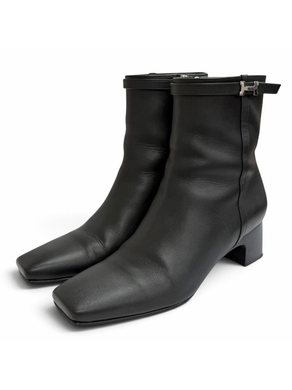 Hermes Hommage Silver H Logo Side Zip Leather Ankle Boots Short Black